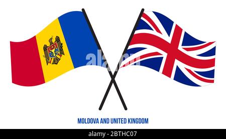 Moldawien und Großbritannien Flaggen gekreuzt und winken Flat Style. Offizieller Anteil. Richtige Farben. Stockfoto