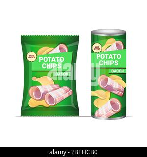 Kartoffelchips mit Speck Geschmack Chips natürliche Kartoffeln und Verpackung Werbung Design Vorlage isoliert Vektor Illustration Stock Vektor