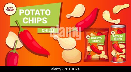 Kartoffelchips mit Chili Pfeffer Geschmack Werbung Zusammensetzung von Chips natürliche Kartoffeln und Verpackung Anzeigen Design Vorlage horizontale Vektor-Illustration Stock Vektor