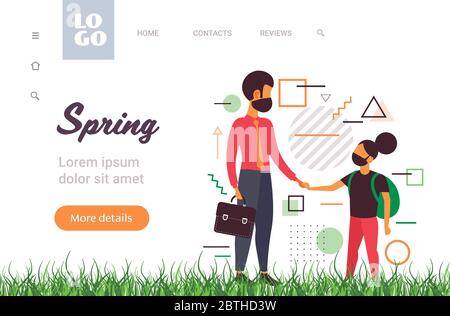 Vater mit Tochter zur Schule Familie tragen medizinische Masken Coronavirus Pandemie Covid-19 Quarantäne-Konzept horizontalen Kopierraum voller Länge Vektor-Illustration zu verhindern Stock Vektor