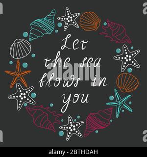 Hintergrund mit Muscheln, runder Rahmen aus Muscheln, Stock Vektor Illustration. Stock Vektor