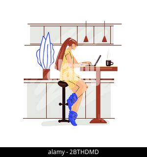 Freiberufliche Frau Arbeit in komfortablen gemütlichen Home Office in Küche Vektor flache Illustration. Freelancer Mädchen Charakter Arbeit von zu Hause in entspannter Geschwindigkeit Stock Vektor