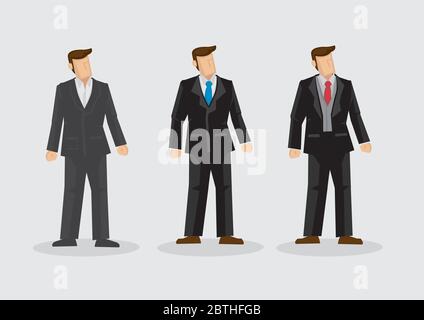 Männer tragen verschiedene Stil formelle schwarze einreihige Business-Anzüge mit Krawatten. Set von drei Vektor-Cartoon-Mode-Charaktere auf Plai isoliert Stock Vektor
