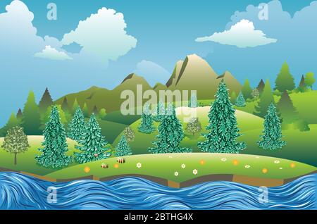 Schneller Fluss, Tannen in der Nähe von großen Berg Sommer Landschaft. Stock Vektor