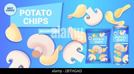 Kartoffelchips mit Pilzen Geschmack Werbung Zusammensetzung von Chips natürliche Kartoffeln und Verpackung Anzeigen Design Vorlage horizontale Vektor-Illustration Stock Vektor