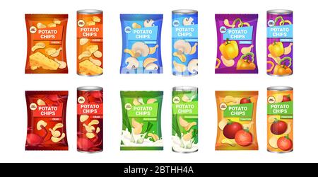 Set Kartoffelchips mit verschiedenen Geschmacksrichtungen Werbung Zusammensetzung von Chips Kartoffeln und Verpackungen Sammlung horizontale Vektor-Illustration Stock Vektor