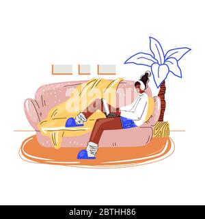 Freiberufliche Frau Arbeit in komfortablen gemütlichen Home Office Vektor flache Illustration. Freelancer Mädchen Charakter Arbeit von zu Hause in entspanntem Tempo, selbst Stock Vektor