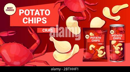 Kartoffelchips mit Krabbengeschmack Werbezusammensetzung von Chips natürliche Kartoffeln und Verpackung Anzeigen Design Vorlage horizontale Vektor-Illustration Stock Vektor