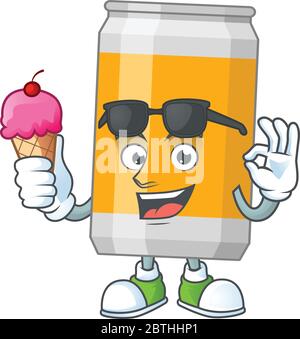 Happy face of Bier kann Cartoon Maskottchen mit einem Eis Stock Vektor