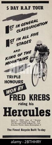 Vintage-Werbung für britische 'Hercules' Fahrräder. Stockfoto