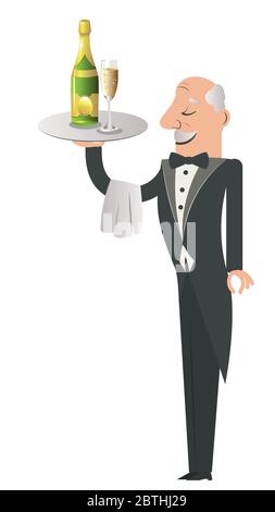 Cartoon Diener mit Flasche und Glas Champagner auf Tablett Stock Vektor