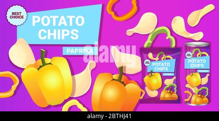 Kartoffelchips mit Paprika Geschmack Werbung Zusammensetzung von Chips natürliche Kartoffeln und Verpackung Anzeigen Design Vorlage horizontale Vektor-Illustration Stock Vektor