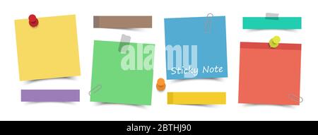 Flaches Design mehrfarbige Haftnotizen mit Stift, Klebeband und Büroklammer auf weißem Brett Hintergrund. Vektor . Stock Vektor
