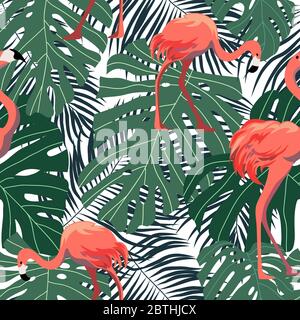 Nahtloses Muster mit rosa Flamingos auf dem Hintergrund mit tropischen Blättern. Cartoon Vektorgrafik Stock Vektor