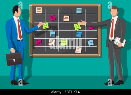 Scrum agiles Board und Businessman. An der Wand hängen die Pinnwände voller Aufgaben auf Haftnotizkarten. Liste der Ereignisse für Mitarbeiter. Entwicklung, Teamarbeit, Agenda, To-Do-Liste. Abbildung flacher Vektorgrafiken Stock Vektor