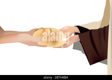 Jesus gibt das Brot einem Bettler auf weißem Hintergrund. Konzept der humanitären Hilfe für den Welthunger. Stock Vektor