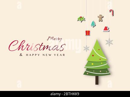 Minimal Frohe Weihnachten Design mit weihnachtsbaum Dekoration Papier geschnitten und hängenden Hintergrund für Grußkarten Abdeckungen, Banner, Header, Poster, Post Stock Vektor