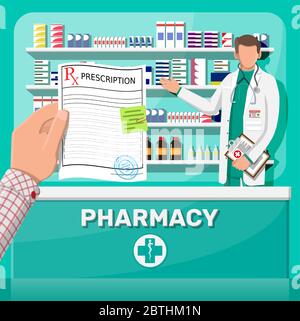 Modernes Interieur der Apotheke und männlichen Apotheker. Medizin Pillen Kapseln Flaschen Vitamine und Tabletten. Präsentation der Drogerie. Regale mit Medikamenten. Medizinische Medizin, Gesundheitswesen. Abbildung flacher Vektorgrafiken Stock Vektor