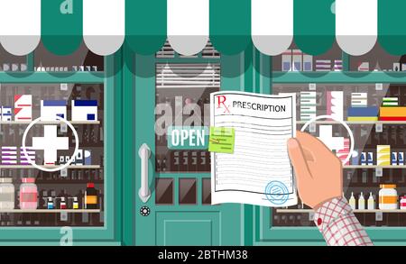 Fassade Apotheke mit Tür. Außenansicht der Drogerie. Medizin Pillen Kapseln Flaschen Vitamine und Tabletten auf der Vitrine. Ladengebäude, Straßenarchitektur. Abbildung flacher Vektorgrafiken Stock Vektor