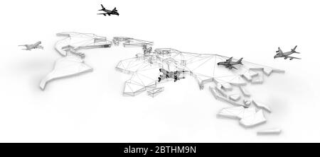 Globale Flugverkehrskonzeptuelle Weltkarte, originales 3d-Rendering Stockfoto