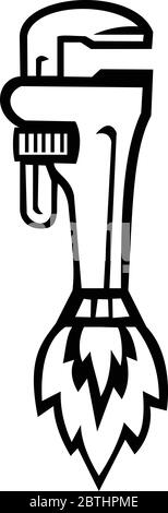 Schwarz-Weiß Illustration eines Rohrschlüssel Raketenverstärker Set auf isoliertem weißem Hintergrund von der Seite im Retro-Stil gemacht gesehen. Stock Vektor