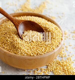 Roher trockener Hirse in einer Holzschale mit einem Löffel mit einem Kopierraum Stockfoto