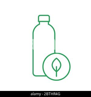 Biologisch abbaubare Wasserflasche dünne Linie Symbol. Flasche mit einem Blatt. Nachhaltige Verpackung als Alternative zu Kunststoff. Wasserflasche auf Pflanzenbasis. Vektor Stock Vektor