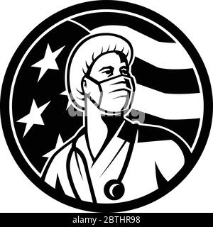 Maskottchen Illustration einer amerikanischen Krankenschwester, Gesundheitsfachmann oder Arzt, trägt chirurgische Maske mit Blick auf USA Sterne und Streifen Stock Vektor