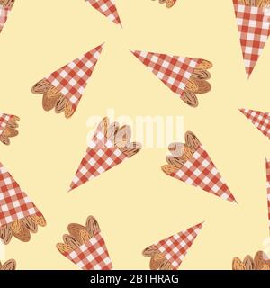 Vektor geröstete Mandeln Nüsse in niedlichen roten Gingham Papiertaschen nahtlose Muster Hintergrund. Braune ovale Samen auf gelber Kulisse. Kernel-Shells wiederholen sich für Stock Vektor
