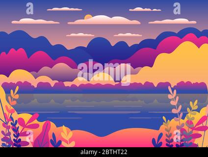 Hügel- und Berglandschaft in flachem Design. Tal mit blauer See-Illustration. Schöne gelbe Felder, Wiese und Himmel. Ländliche Lage in der Stock Vektor