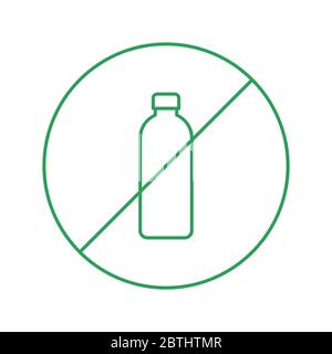 Symbol für dünne Linie ohne Kunststoffflasche. Schild für Verbot von Kunststoffflaschen. Sagen Sie Nein zum Kunststoffkonzept. Grüne Umrandung auf weißem Hintergrund. Verringerung der Kunststoffverschmutzung. Stock Vektor