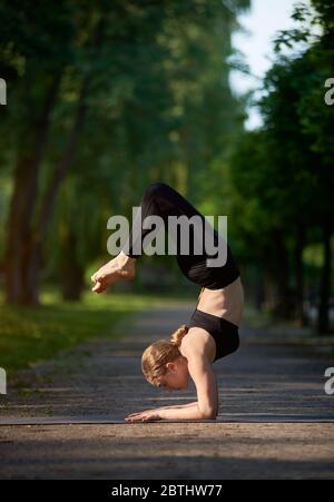 Fit, stark, junges Mädchen, das im Sommer einen Unterarm-Stand in der Parkallee mit grünen Bäumen macht. Üben Vrischikasana, Skorpion Übung, Seitenansicht, volle Länge Stockfoto