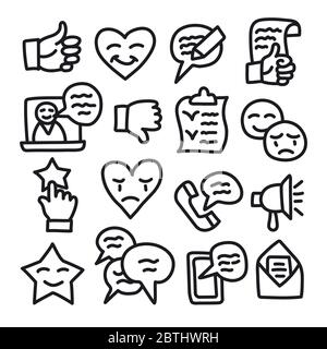 Satz von Testimonials Verwandte Vektorlinien Symbole. Enthält Symbole für Customer Relationship Management, Feedback, Review und Emotion Stock Vektor