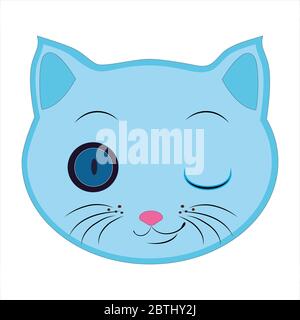 Flache Zeichnung einer Katze. Ein Emoji, der mit einem Auge zwinkert. Das Gesicht einer blauen Katze. Zeichen und Symbole der Katze.Illustration Stockfoto