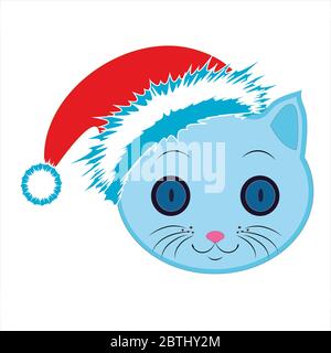 Flache Zeichnung einer Katze. Ein Emoji das Gesicht einer blauen Katze. Zeichen und Symbole der Katze. Festlicher Hut.Illustration Stockfoto