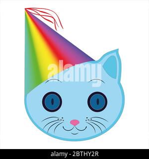 Flache Zeichnung einer Katze. Ein Emoji das Gesicht einer blauen Katze. Zeichen und Symbole der Katze. Festlicher Hut. Abbildung Stockfoto