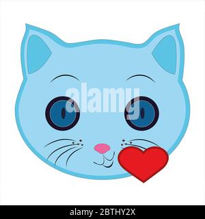Flache Zeichnung einer Katze. Ein Emoji, der einen herzförmigen Kuss sendet. Das Gesicht einer blauen Katze. Rotes Herz. Zeichen und Symbole der Katze.Illustration Stockfoto