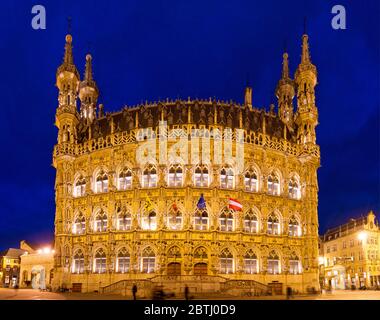 Leuven Rathaus bei Nacht Stockfoto