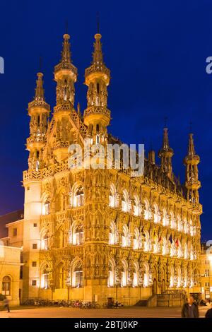 Leuven Rathaus bei Nacht Stockfoto