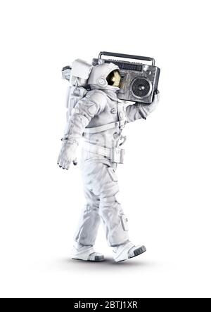 Astronaut mit Boombox / 3D-Illustration des Raumanzugs trägt männliche Figur trägt Retro 80s Stereo-Kassettenspieler isoliert auf weißen Studio-Hintergrund Stockfoto