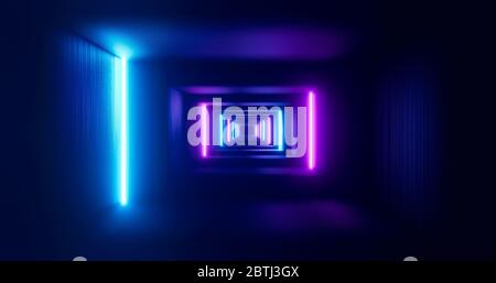 Futuristischer Flur mit Neonlampen. Geometrischer Endlosstollen, blaurosa Spektrum. 3d-Rendering Stockfoto