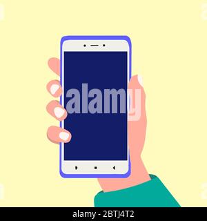 Hand halten Smartphone mit leeren weißen Vollbild auf gelbem Hintergrund. Vektor Cartoon Hand gezeichnete Illustration Stock Vektor