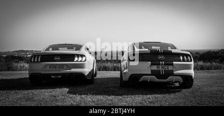 2 cool schnelle Autos, 2 Europäischen rechten Antrieb Ford Mustang 5 Liter V8 GT Fastback Auto Autos Stockfoto