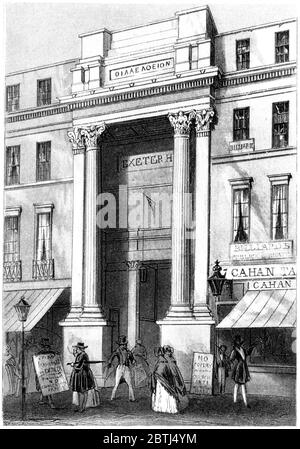 Ein Stich von Exeter Hall London, gescannt in hoher Auflösung aus einem Buch, das 1851 gedruckt wurde. Dieses Bild ist frei von jegl. Copyright. Stockfoto