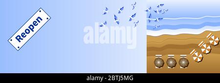 Schönes Seascape Banner. Blick von oben auf den Strand. Wiederaufnahme Strand. Sommerurlaub am Meer. Vektor Strandlandschaft. Möwen, Wellen, Sonnenschirme und b Stock Vektor