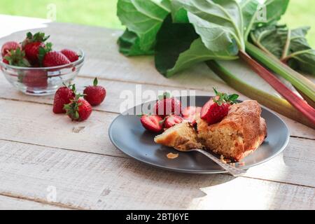 Ein Stück hausgemachte Rhabarber-Torte und frische Erdbeeren und Rhabarber-Stiele in einem Garten serviert Stockfoto
