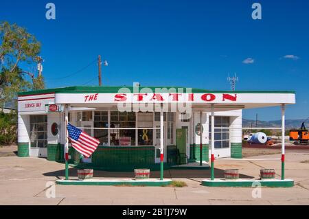 Historische Tankstelle, Raton, New Mexico, USA Stockfoto