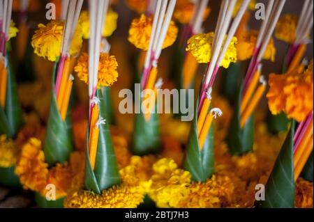 Opfergaben aus Weihrauch, Kerzen und Blumen in den Pak Ou Höhlen, Nord-Laos, Südostasien Stockfoto