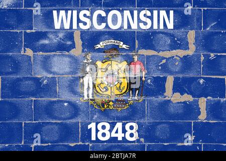 Wisconsin State National Flagge auf blauen geknackten Ziegelwand in Form von Straße Graffiti am Independence Day. Politische und religiöse Streitigkeiten, Bräuche Stockfoto