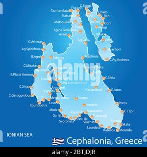 Insel Kefalonia in Griechenland Karte auf blauem Hintergrund Stock Vektor